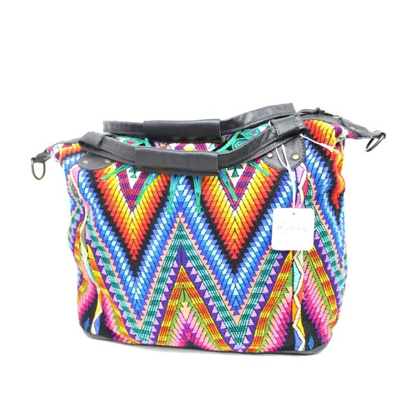 MARIA'S ARTISAN SHOP MULTICOLOR HUIPIL TEXTILE CROSSBODY TOTE BLACK LEATHER NWT - Picture 5 of 11